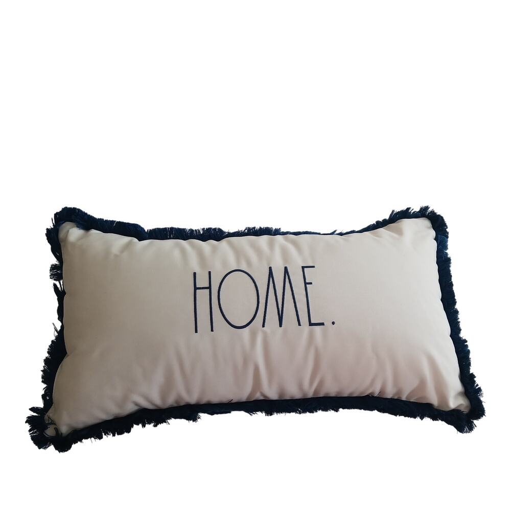 Rae Dunn HOME Lumbar Pillow 24x16 White Blue Fringe Embroidered Farmhouse Decor